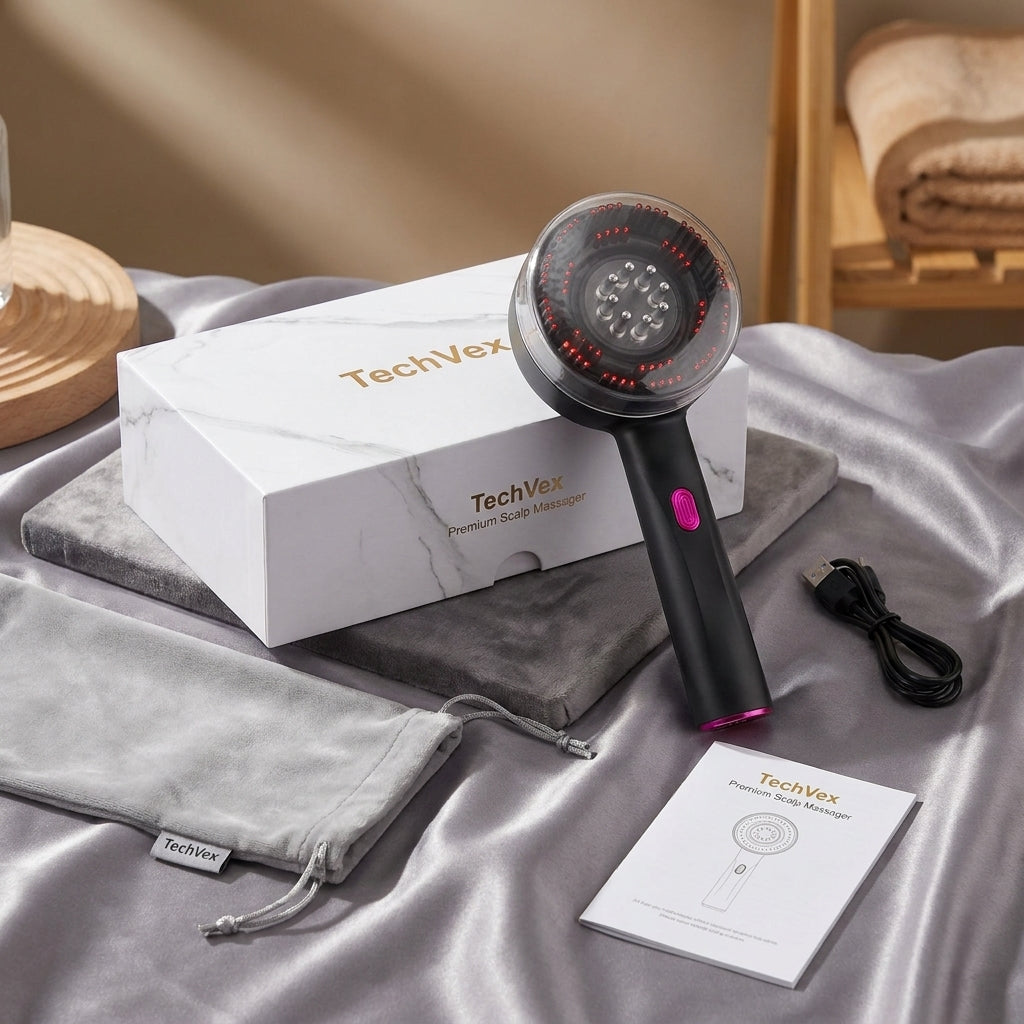 TechVex™ Electric Vibration Redlight Scalp Therapy Comb – Red Light Hair Growth Massager & Oil Applicator
