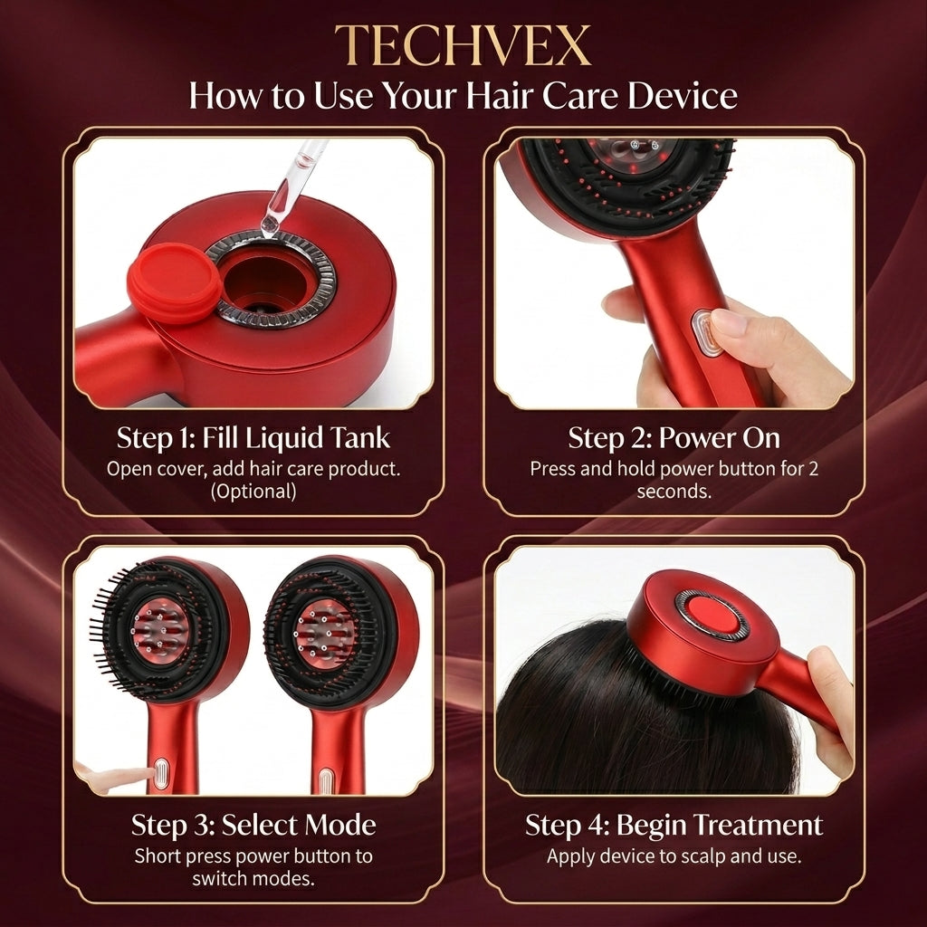 TechVex™ Electric Vibration Redlight Scalp Therapy Comb – Red Light Hair Growth Massager & Oil Applicator