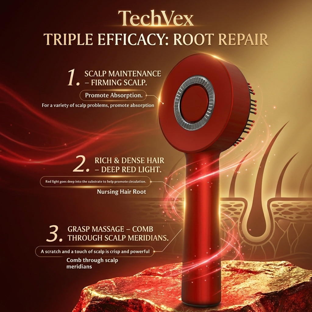 TechVex™ Electric Vibration Redlight Scalp Therapy Comb – Red Light Hair Growth Massager & Oil Applicator