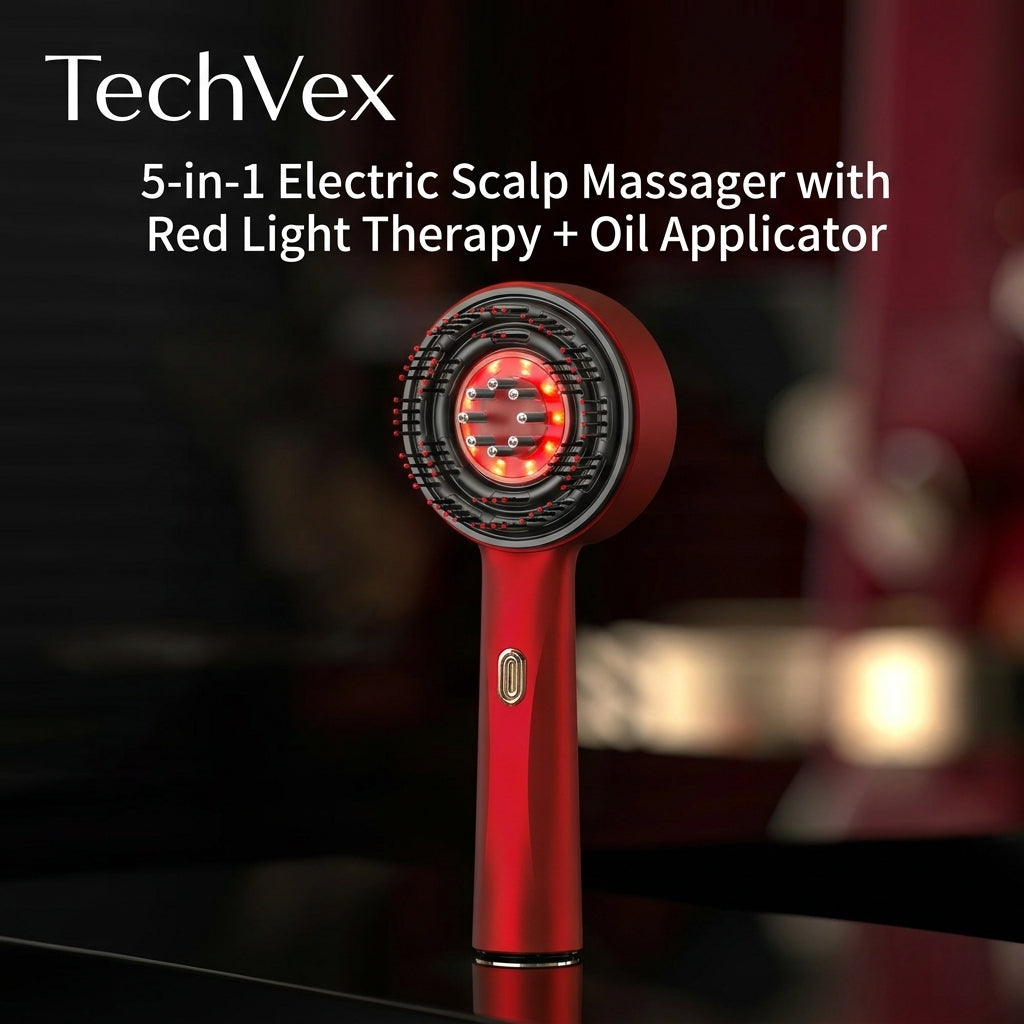 TechVex™ Electric Vibration Redlight Scalp Therapy Comb – Red Light Hair Growth Massager & Oil Applicator