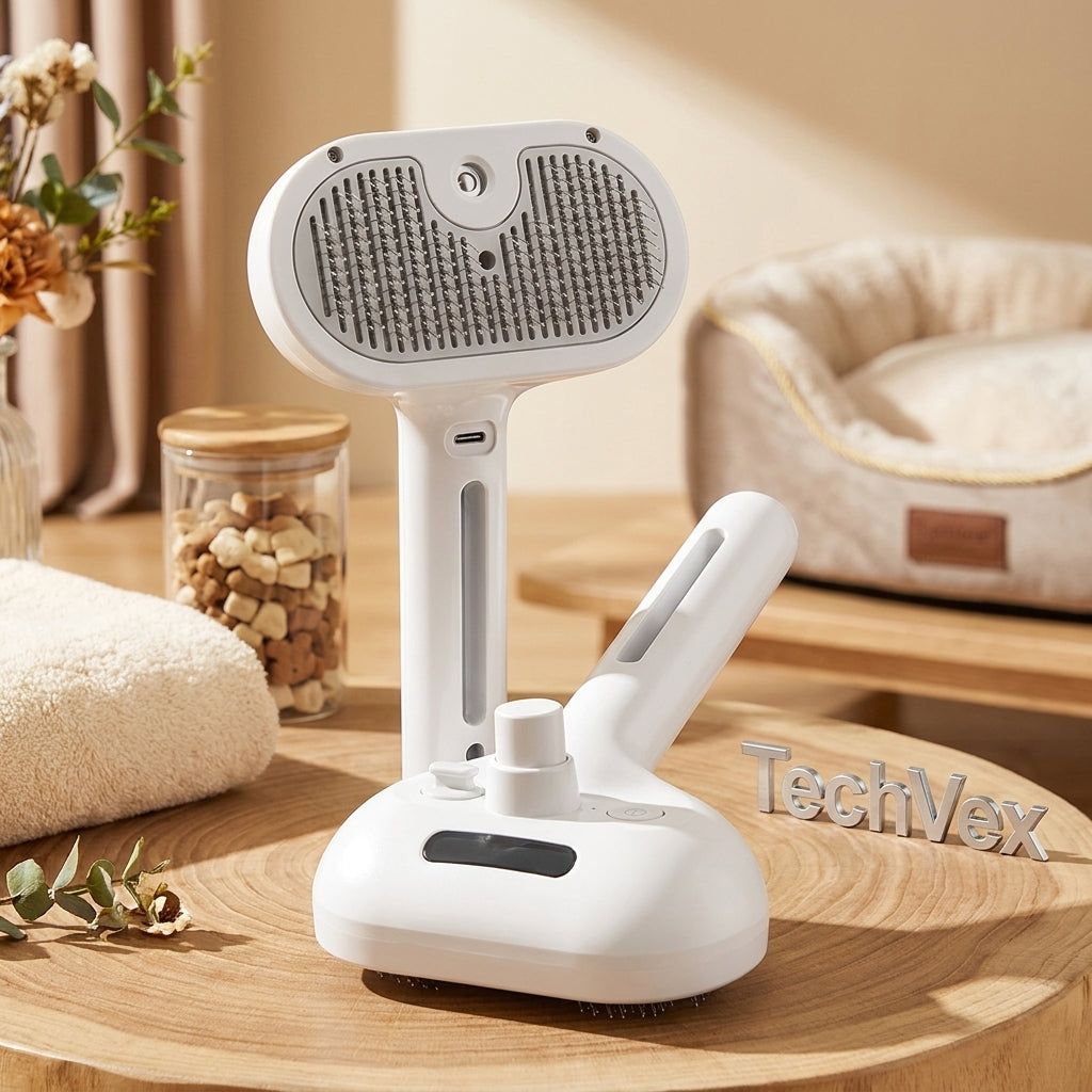 TechVex FurFlow™ 3-in-1 Electric Pet Grooming Brush – Self-Cleaning Dog & Cat Deshedding Brush